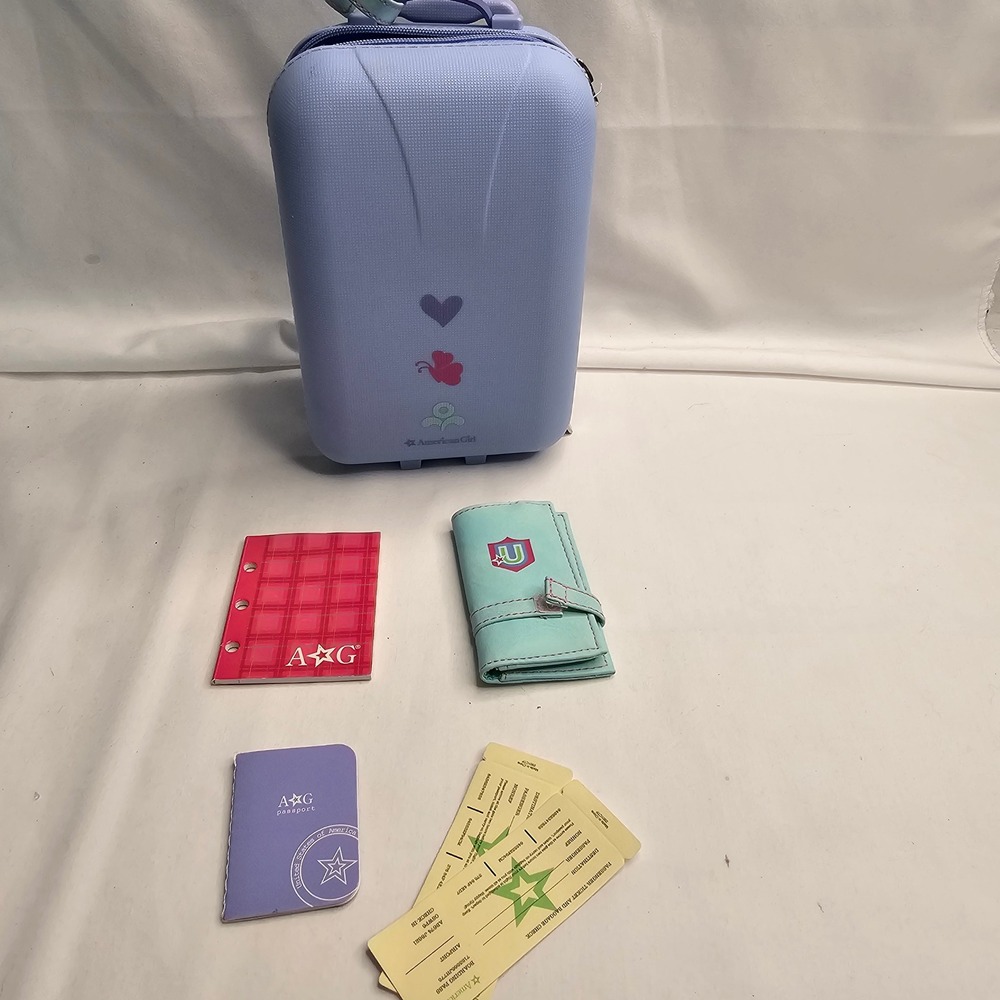 American Girl Travel Set Rolling Suitcase Passport Wallet 2 Tickets Retired AG